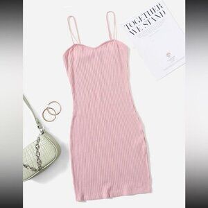 SHEIN Pink Ribbed Spaghetti Strap Bodycon Mini Dress Women’s Size Small